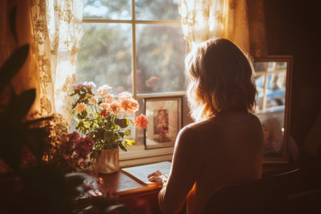 A woman sits quietly at a desk by the window, surrounded by blooming flowers in a vase, as warm sunlight fills the room, creating a cozy atmosphere.の素材