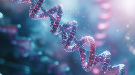 A colorful representation of DNA reveals its double helix structure, showing the beauty and complexity of genetic material in a microscopic view filled with vibrant hues.の素材