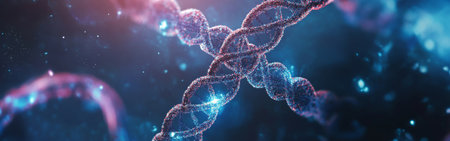 Intertwined strands of DNA are shown in a vivid display of colors, emphasizing their intricate structure and biological importance in genetics and life.の素材