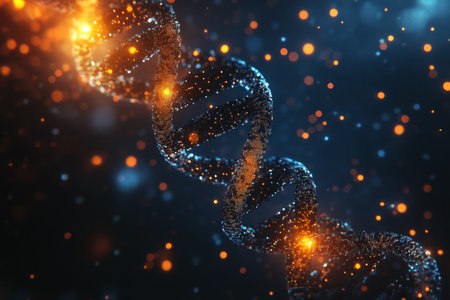 This visual displays a luminous DNA helix spiraling gracefully, surrounded by a backdrop of twinkling particles in orange and blue hues, representing genetic structure.の素材