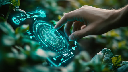 In a serene environment, a hand reaches out to touch a vibrant, holographic interface surrounded by rich green plants, blending technology and nature.の素材