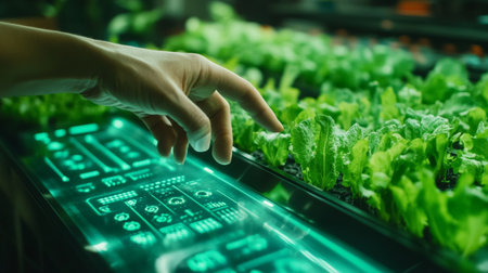 A person interacts with a high-tech farming system in an urban setting, focusing on healthy greens being carefully monitored for optimal growth.の素材