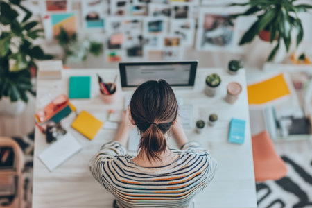 A woman is focused on her laptop at a tidy desk filled with plants, colorful notes, and stationery. The bright room creates an inspiring atmosphere for productivity.の素材