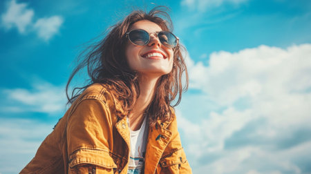 A cheerful woman sits outside, wearing sunglasses and a stylish jacket, basking in the warm sunlight while surrounded by a vibrant sky filled with clouds.の素材