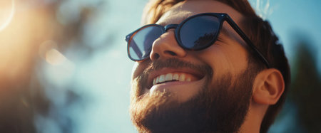 A man with a beard smiles while wearing sunglasses, basking in the warm sunlight on a clear day, surrounded by nature.の素材