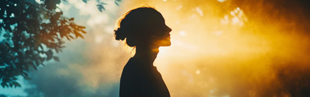 A woman is captured in silhouette as she stands amidst trees, illuminated by warm sunset hues, creating a serene and tranquil atmosphere.の素材