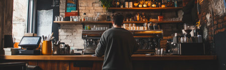 In a lively cafe, a barista focuses on crafting coffee as patrons enjoy their drinks. The warm atmosphere reflects a typical afternoon in a local hotspot.の素材