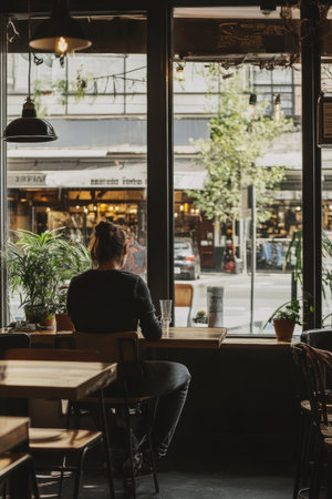 A solitary individual is seated at a cafe window, gazing out at a bustling city street. Natural light filters in, illuminating the indoor plants and inviting atmosphere.の素材