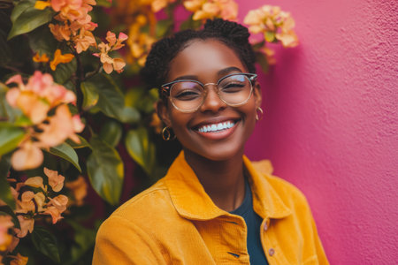 A young woman with curly hair and glasses beams joyfully while surrounded by colorful flowers and a bright pink wall, conveying a sense of warmth and positivity on a sunny day.の素材