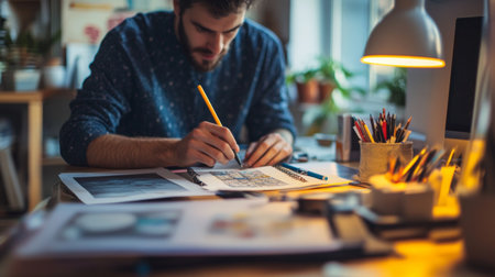 A young adult focused on drawing and designing illustrations at a cluttered desk. Various art supplies and sketches are visible in the warm, inviting workspace.の素材