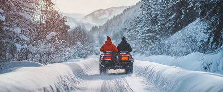 Riders navigate a snow-laden path on an all-terrain vehicle, surrounded by a serene winter landscape of mountains and trees, creating a sense of adventure.の素材