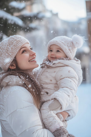 A smiling mother holds her happy child amid falling snowflakes. They are dressed warmly in winter outfits, surrounded by a charming, snowy landscape.の素材