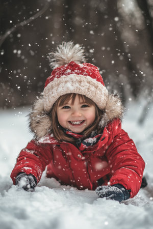 A young girl smiles widely while lying in the snow, surrounded by falling snowflakes. She wears a warm red coat and a cozy hat, creating a cheerful winter atmosphere.の素材