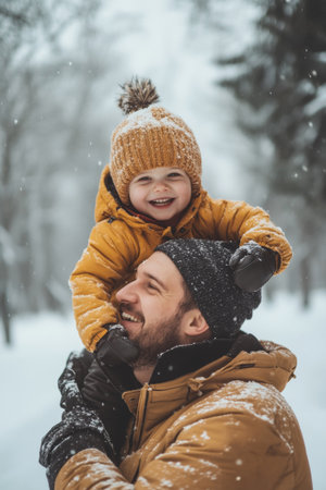 A father carries his smiling child on his shoulders in a snowy forest, both bundled in warm clothing, sharing a moment of happiness and laughter in winter.の素材