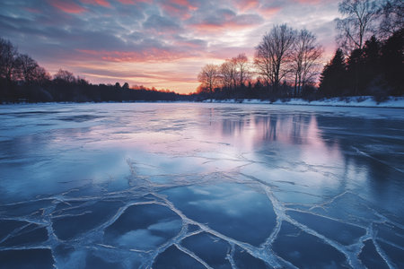 At sunset, the frozen lake showcases intricate ice patterns, while the vibrant sky casts colorful reflections across the still water, surrounded by bare trees.の素材