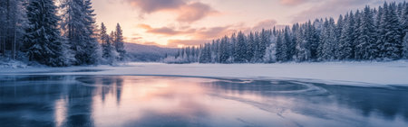 The frozen lake mirrors the pastel colors of dusk as the sun sets behind a dense forest of snow-covered evergreens, creating a peaceful winter wonderland.の素材