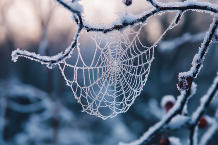 A frost-laden spider web clings to a bare branch, sparkling in the soft light of a winter morning, surrounded by snow and nature's quiet beauty.の素材