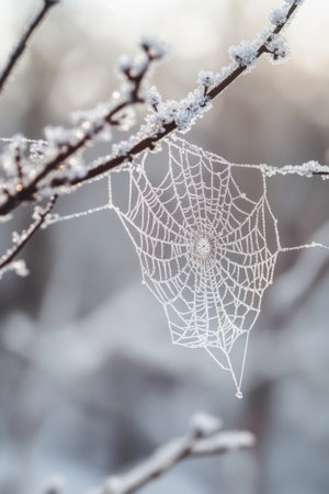 A fragile spider web adorned with frost hangs from a branch, sparkling in the early morning light. The tranquil winter forest background creates a serene atmosphere.の素材