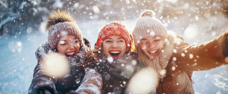 Three friends are outdoors in a snowy landscape, joyfully laughing and capturing memories with their selfie stick. They are bundled up in warm winter clothing.の素材