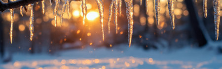 Icicles hang from a tree branch, reflecting the warm sunset light as snow covers the ground, creating a serene winter atmosphere.の素材