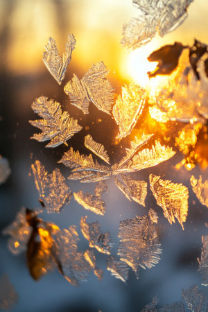 Intricate frost designs decorate a window while golden sunlight streams through, creating a stunning view during a chilly winter sunset.の素材