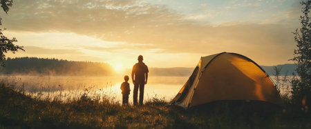A father and his young son stand together, watching a beautiful sunset by a tranquil lake, with a camping tent set up in the background.の素材