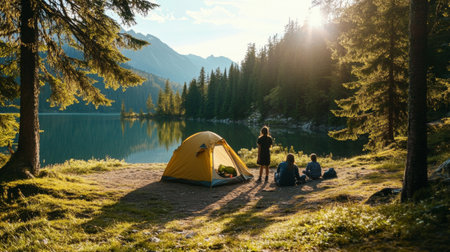 A group enjoys a peaceful morning by the lake, surrounded by tall trees and mountains, while a tent stands nearby. The sun rises, casting a warm glow.の素材
