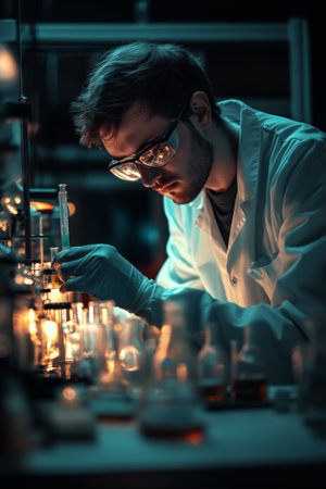 A researcher in a lab coat and protective glasses meticulously handles glassware filled with colorful substances in an atmospheric lab setting, highlighting the precision of scientific work.の素材