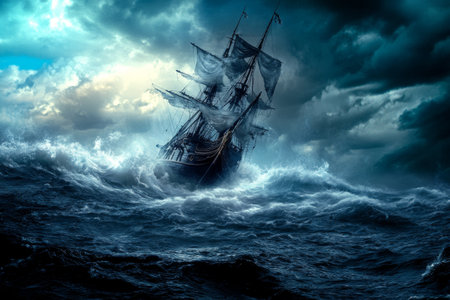 A historic sailing ship navigates through massive waves as dark storm clouds loom overhead, creating an intense and dramatic maritime scene at dusk.の素材