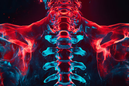 The artwork displays a striking, colorful representation of the human spine and shoulder anatomy, highlighting intricate bone structures with luminous blue and red lighting.の素材