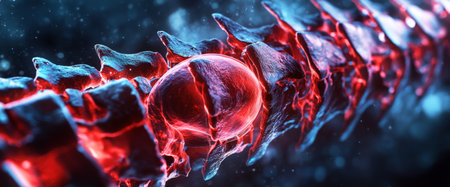 This visual depicts a detailed representation of the human spine, highlighting the intervertebral discs in a vibrant, glowing manner against a dark background.の素材