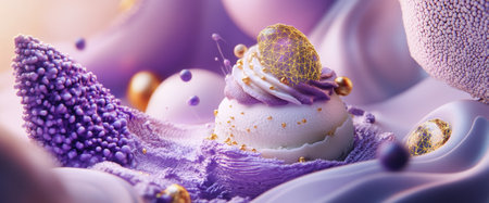 A soft dessert, adorned with purple frosting and golden embellishments, is nestled in an ethereal, swirling backdrop of lavender and cream tones, reminiscent of a dreamlike landscape.の素材
