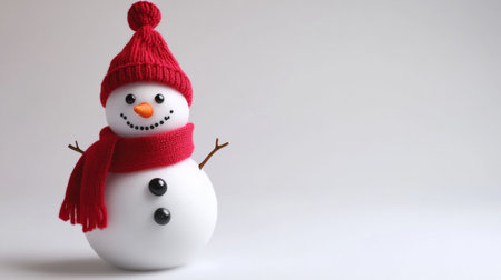 This whimsical snowman, adorned with a bright red hat and scarf, displays a joyful expression with its button eyes and carrot nose, embodying the spirit of winter.の素材