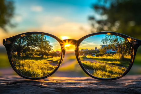 Sunglasses rest on a table reflecting a vibrant sunset over a grassy path, with warm hues illuminating trees and a distant cityscape, enhancing the serene atmosphere.の素材