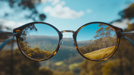A pair of sunglasses frames a breathtaking view of rolling hills and lush trees under a clear blue sky, showing nature's beauty in vivid detail.の素材