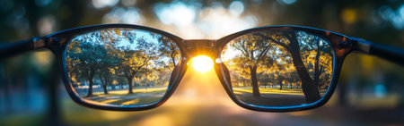 A pair of sunglasses captures the warm light of a sunset, illuminating the trees in a park. The scene conveys a tranquil evening atmosphere.の素材