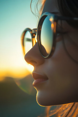 A woman gazes thoughtfully at a vibrant sunset, wearing stylish sunglasses that reflect the colorful horizon while she stands near the shoreline, embracing the peaceful atmosphere.の素材