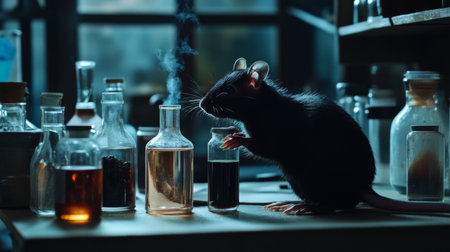 A rat carefully examines glass bottles containing various liquids, surrounded by a cluttered laboratory. The warm glow from the bottles creates an intriguing atmosphere.の素材