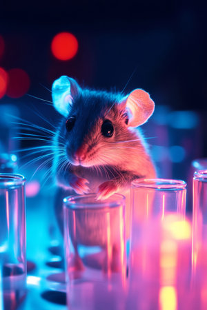A small mouse interacts with glowing test tubes in a laboratory filled with colorful lighting, showcasing a playful and curious exploration during the nighttime.の素材