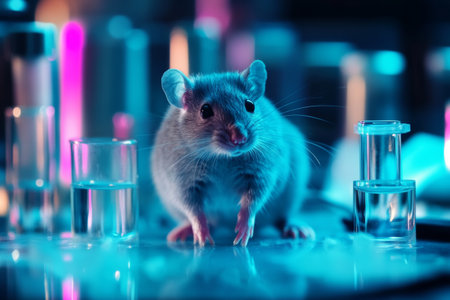 A small laboratory mouse navigates a brightly lit workspace, surrounded by glass beakers and test tubes that glow in vibrant colors, highlighting a scientific environment.の素材