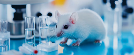 A laboratory mouse investigates various test tubes and research tools on a lab bench, illustrating the intersection of animal research and scientific advancement.の素材