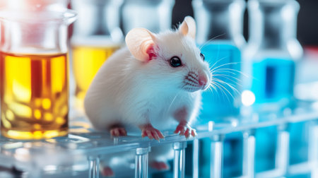 A lab mouse explores a test tube rack featuring vibrant colored liquids, highlighting its role in scientific research and experimentation in a laboratory.の素材