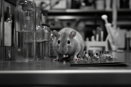 In a bustling laboratory, a laboratory rat investigates a workspace overflowing with glass containers and scientific instruments, showing its inquisitive nature and dynamic environment.の素材