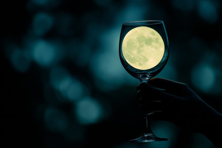A glass is held in one hand, framing a bright full moon that illuminates the dark surroundings, creating a serene and enchanting atmosphere.の素材