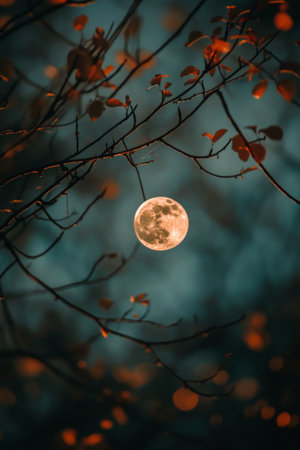 On a tranquil evening, a full moon illuminates the sky, partially visible through branches adorned with vibrant autumn leaves, creating a dreamy atmosphere.の素材