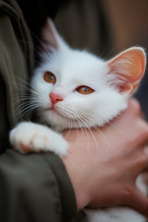 The soft white kitten, with striking amber eyes, is gently cradled in the arms of a person, enjoying a moment of warmth and affection in the sunlight.の素材