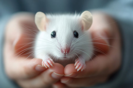 A person holds a small, fluffy white mouse in their hands, displaying its soft fur and inquisitive expression in a calm indoor environment.の素材
