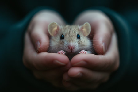 A small mouse is carefully cradled in the hands of an individual, showcasing a tender connection with nature in a serene outdoor setting.の素材