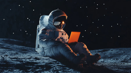 In the quiet vastness of space, an astronaut sits on the moon's surface, focused on a laptop, surrounded by twinkling stars in the night sky.の素材