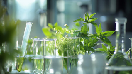 Various glass vessels filled with liquids are arranged alongside vibrant green plants, indicating an active research process focused on natural elements and botanical studies.の素材